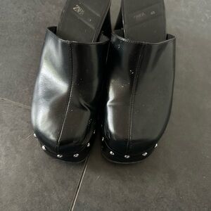 Zara Glossy Black Mules with Silver Studs